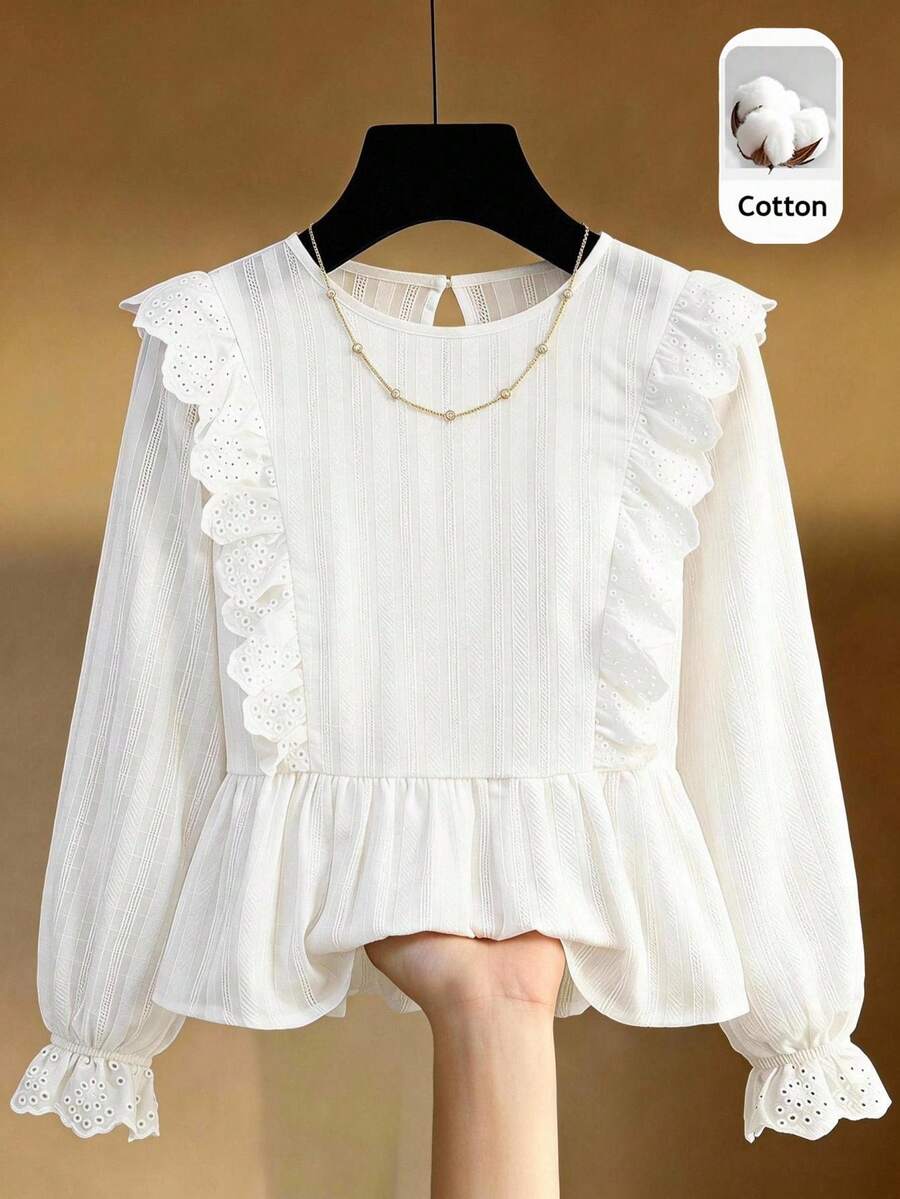 SHEIN 兒童青少年女童襯衫 春秋冬季新款 梭織白色休閒甜美優雅素色刺繡蕾絲拼接長袖上衣 娃娃風襯衫 開學季 時尚百搭 - 白色 - 查看 1
