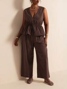 Elaquor Plus Size Women Solid Color Waist Tie Sleeveless Blouse And Wide Leg Pants Casual 2-Piece Set Summer Vacation Going Out Business Two Piece Set Brown - Coffee Brown - View 3