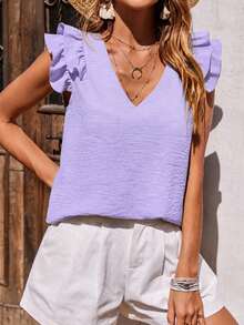 EMERY ROSE Summer Casual Solid Color Flutter Sleeve Blouse - Mauve Purple - View 5