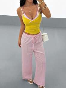 SHEIN PETITE 女款休閒寬鬆條紋長褲 - 粉色 - 查看 7
