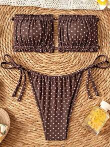 Swim Basics 女款夏季海灘波點抓皺抹胸比基尼上衣與三角褲兩件式泳衣套裝 - 彩色 - 查看 2
