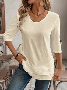 EMERY ROSE Blusa blanca con cuello en V y dobladillo de patchwork para mujer - Beis - Ver 8