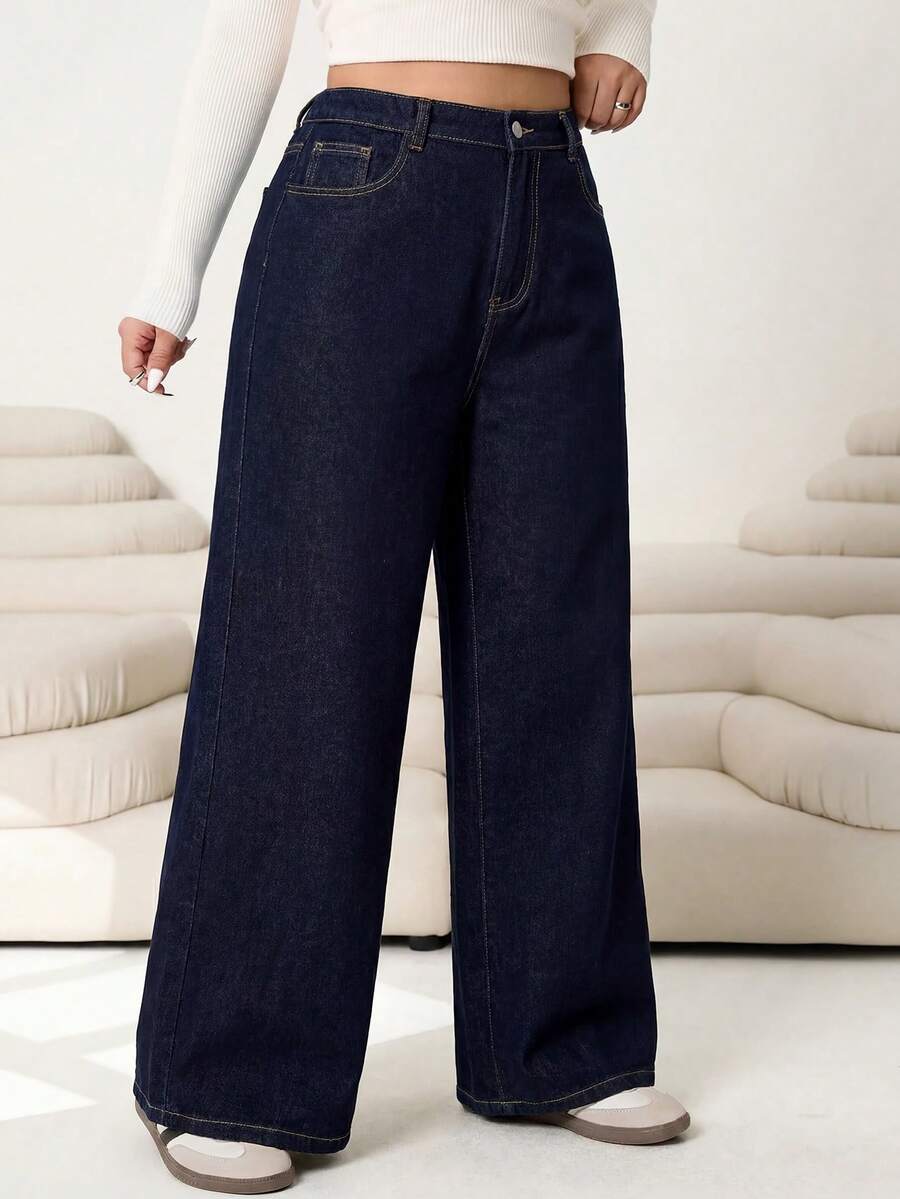 SHEIN Tall CURVE 大尺碼休閒水洗寬鬆牛仔褲 - 藍色 - 查看 1