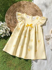 SHEIN Vintaside Kids Vestido para bebé niña pequeña/recién nacida 0-3 años primavera/verano casual versátil lindo dulce divertido con mangas de volantes - Amarillo - Ver 8