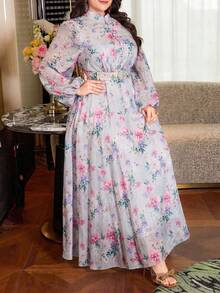 Modelyn 大码女式印花褶皱优雅收腰派对连衣裙 - 淺灰色 - 查看 3