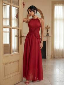 Anewsta Vestido midi elegante con tirantes tipo espagueti, cintura fruncida y volante en el bajo, vestido de fiesta formal de alta gama mini - Rojo - Ver 4