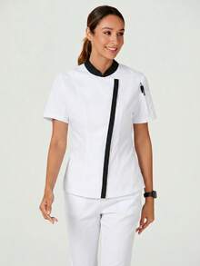 TaskEZ Women's Colorblock Casual Daily Chef Scrub Uniform Scrub Short Sleeve Top - Black and White - View 7