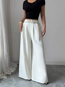 SHEIN Elenzya Celana Setelan Wanita Elegan Terbaru, Kasual, Desain Pinggang Tinggi, Resleting Samping, Pola Kancing Dekoratif, Kaki Melebar, Cocok untuk Dipakai di Musim Semi dan Gugur. Warna Solid Blok, Rantai Logam, Mode Minimalis untuk Berpergian ke Kantor - Aprikot - View 4