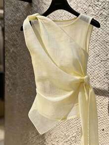 SHEIN Franclia 女款簡約優雅不對稱下擺鏤空綁帶上衣 - 淡黃色 - 查看 1