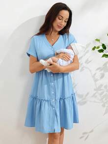 SHEIN 純色V領短袖單排扣荷葉邊下擺洋裝 - 藍色 - 查看 2