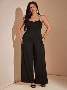 SHEIN BAE Plus Size Black Lace Patchwork Long Jumpsuit With Cup Elegant Sexy Notched Neck Slim Fit For Women Party Evening Cocktail Date Night Summer - Black - View 7