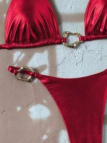Swim Vcay 女款新款時尚掛脖細肩帶露背金屬飾邊性感三角比基尼套裝 - 紅色 - 查看 5