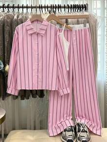 SHEIN 3件組黃色長袖條紋數位印花襯衫黑色長褲吊帶背心適合春夏出遊 - 粉色 - 查看 10
