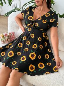 SHEIN EZwear 大尺碼夏季休閒向日葵印花洋裝 - 彩色 - 查看 6