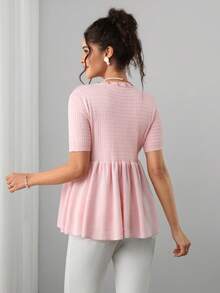 Momance Maternity Fitted Cardigan Sweater With Beaded Rhinestone Collar, Doll Hem Design, Round Neck Knit Short Sleeve For Casual, Elegant Baby Shower   Fall - Pink - View 2
