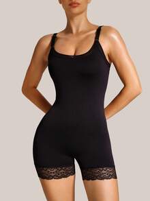 Barelissa 1pc Seamless Women's Daily Mesh Lace Patchwork Camisole Jumpsuit With Anti-Curl Hipster Leg, Thin - Black - View 4