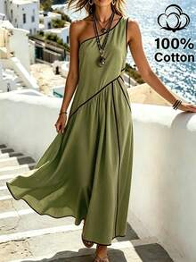 SHEIN Holidaya Women's Summer Pure Cotton Slouchy Linen-Like Asymmetric Shoulder Elegant Loose Contrast Trim Long Dress, Gentle Style, Vacation Style, Fresh Versatile, Youthful, Pastoral Style, Home Wear - Green - View 7