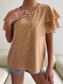 SHEIN Holidaya 女款圓領波點印花荷葉邊短袖襯衫 - 卡其色 - 查看 4