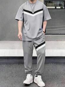 SHEIN 2件組青少年男孩休閒極簡字母印花圓領套頭上衣套裝，適合夏季、運動、跑步、戶外 - 彩色 - 查看 7