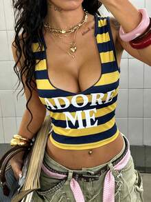 StreetHx Women's Street Casual Striped Letter Print Tank Top - Multicolor - View 5