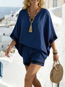 EMERY ROSE Women's Summer Casual Vacation Beach Outfit Bohemian Style V-Neck Contrast Color Short Sleeve Shorts - Navy Blue - View 4