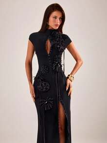 SHEIN BAE Black Waterdrops Embroidered Chinese Style Qipao Dress With High Slit, Women Black Sheer Hollow-Out Sexy Dress - Black - View 5