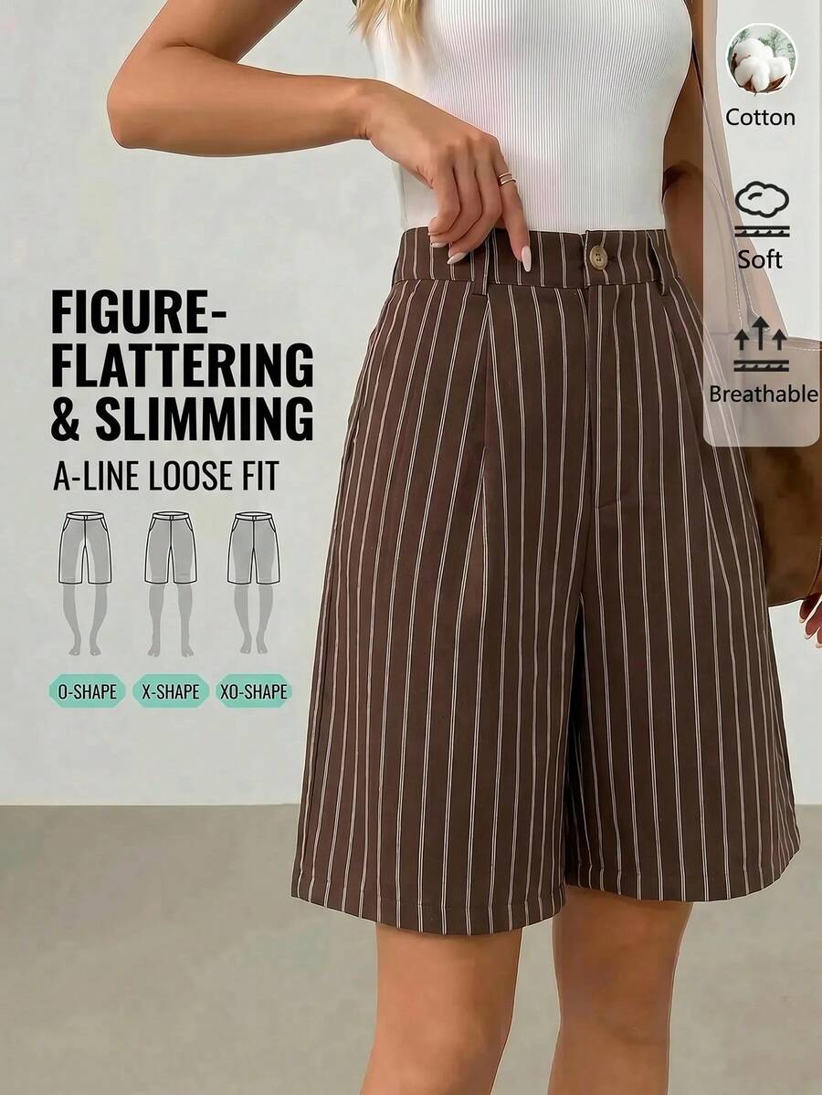 SHEIN LUNE Women's Brown Checkered Patchwork Panlakad Holiday Back-To-School Casual 70s Preppy Versatile Everyday Going Out Work Office Shorts Summer Fall Cotton