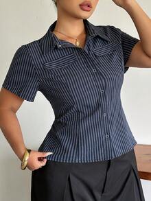 Dazy Plus Plus Size Striped Fitted Sexy Faux Pocket Short Sleeve Spring Summer Cropped Shirt - Navy Blue - View 7