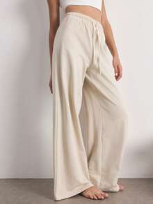 SHEIN Women's All-Season Basic Casual Fashion Minimalist Light Khaki Straight Leg Loose Fit Long Pants - Khaki - View 1