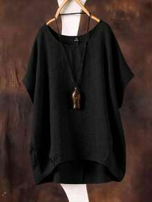 SHEIN Camisa casual de mujer de talla grande con cuello redondo y textura de unicolor - Negro - Ver 1