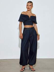 Hauture Pantalones largos de mezclilla con puños abullonados plisados, estilo sexy y casual para mujer - Azul - Ver 5