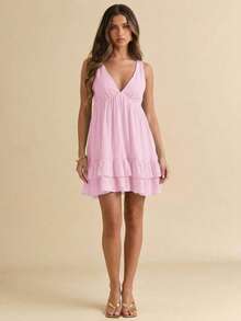Gossip Girl X SHEIN SHEIN BAE 女款純色V領荷葉邊下擺休閒無袖洋裝 - 淺粉色 - 查看 7