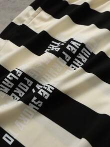 ROMWE MEN Men's Striped Letter Print Drawstring Waist Pocket Casual Shorts - Black and White - View 5