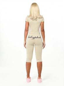 BABYPHAT Parte superior de jersey con cuello alto y cremallera de manga corta con estampado de texto, cómoda y ajustada para uso casual - Crema - Ver 5