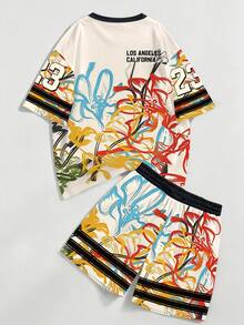 Chillumni 中性款 Los Angeles & California #23 塗鴉印花 V 領短袖運動時尚休閒短褲 2 件套，米色，夏季，街頭風，上班，寬鬆 - 彩色 - 查看 2