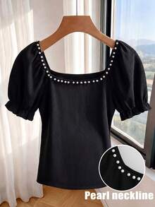 Franclia Women's Pearl Short Sleeve Black Minimalist Eleganza Knit Top, Elegant Loose Fit T-Shirt, Professional Casual Striped Textured Birthday Office Summer - Black - View 8