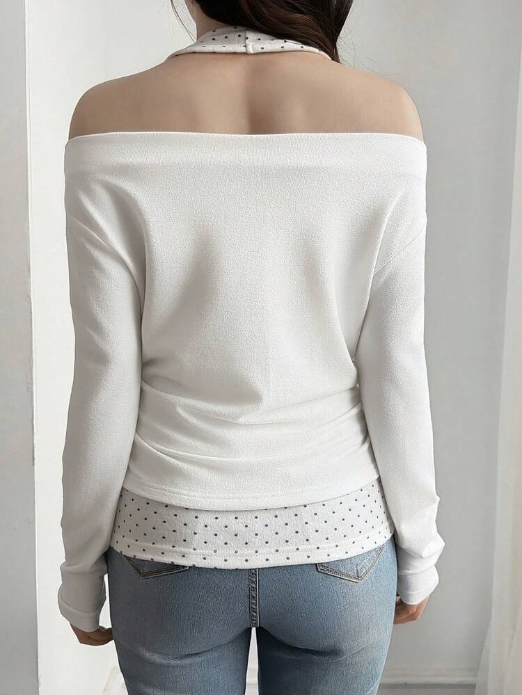 DAZY 女款波點掛脖上衣與純色露肩上衣 2 件組居家休閒套裝 - 白色 - 查看 6
