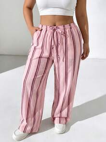 Comfortcana Spring/Summer Vacation Style Linen Casual Plus Size Women's Striped Waist Tie Pants - Baby Pink - View 5