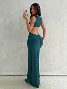 Aloruh Vestido de sirena ajustado sin mangas color marrón para mujer, nuevo para vacaciones de primavera/verano, adecuado para la calle, uso diario y desplazamientos - Agua verde azul - Ver 2