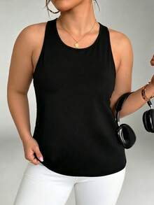 SHEIN Dewbera Plus Size Solid Color Hollow Back Sports Tank Top - Black - View 2