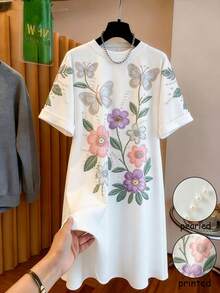 GlowEve CURVE Plus Size Women's Best-Selling Elegant Elegant 3D Heavy Embroidery Beaded Craft Slimming Solid Color Short Sleeve Round Neck Dress, Suitable For Daily Commute, Outings, Gatherings, Dates, Photos, Vacation And Travel - Multicolor - View 1
