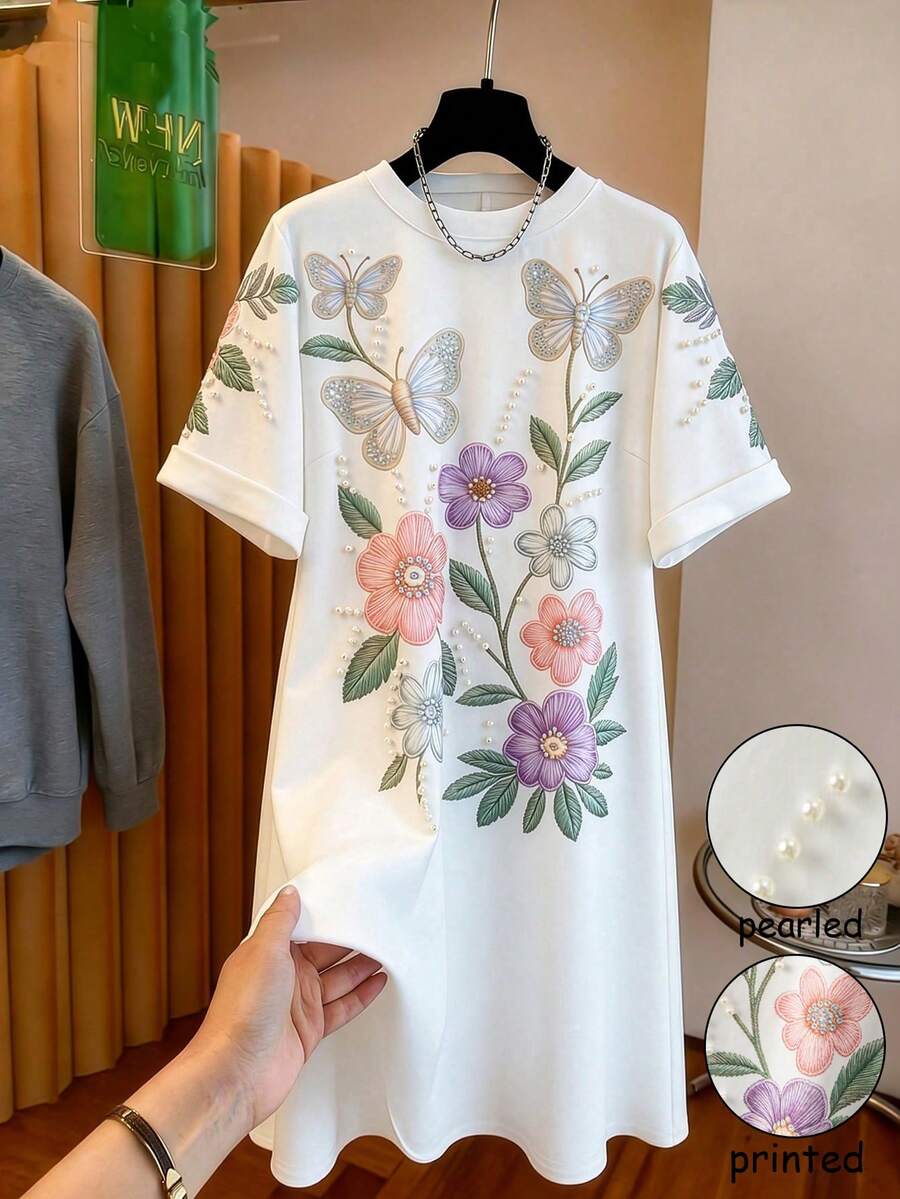 GlowEve CURVE Plus Size Women's Best-Selling Elegant Elegant 3D Heavy Embroidery Beaded Craft Slimming Solid Color Short Sleeve Round Neck Dress, Suitable For Daily Commute, Outings, Gatherings, Dates, Photos, Vacation And Travel - Multicolor - View 1