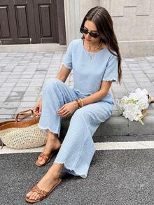 SHEIN Frenchy Women's Plaid Round Neck Short Sleeve Top And Long Pants Casual Cute Daily 2 Pieces Set Beach Blue Gingham Summer - Blue and White - View 5