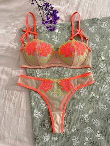 CottageSlumber 2件組女款內衣套裝，網紗花卉刺繡附鋼圈，浪漫清新風 - 橘色 - 查看 3