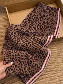 Girls' Black Street Style Casual Sports Long Pants With Simple Leopard Print Patchwork - Brown - View 2