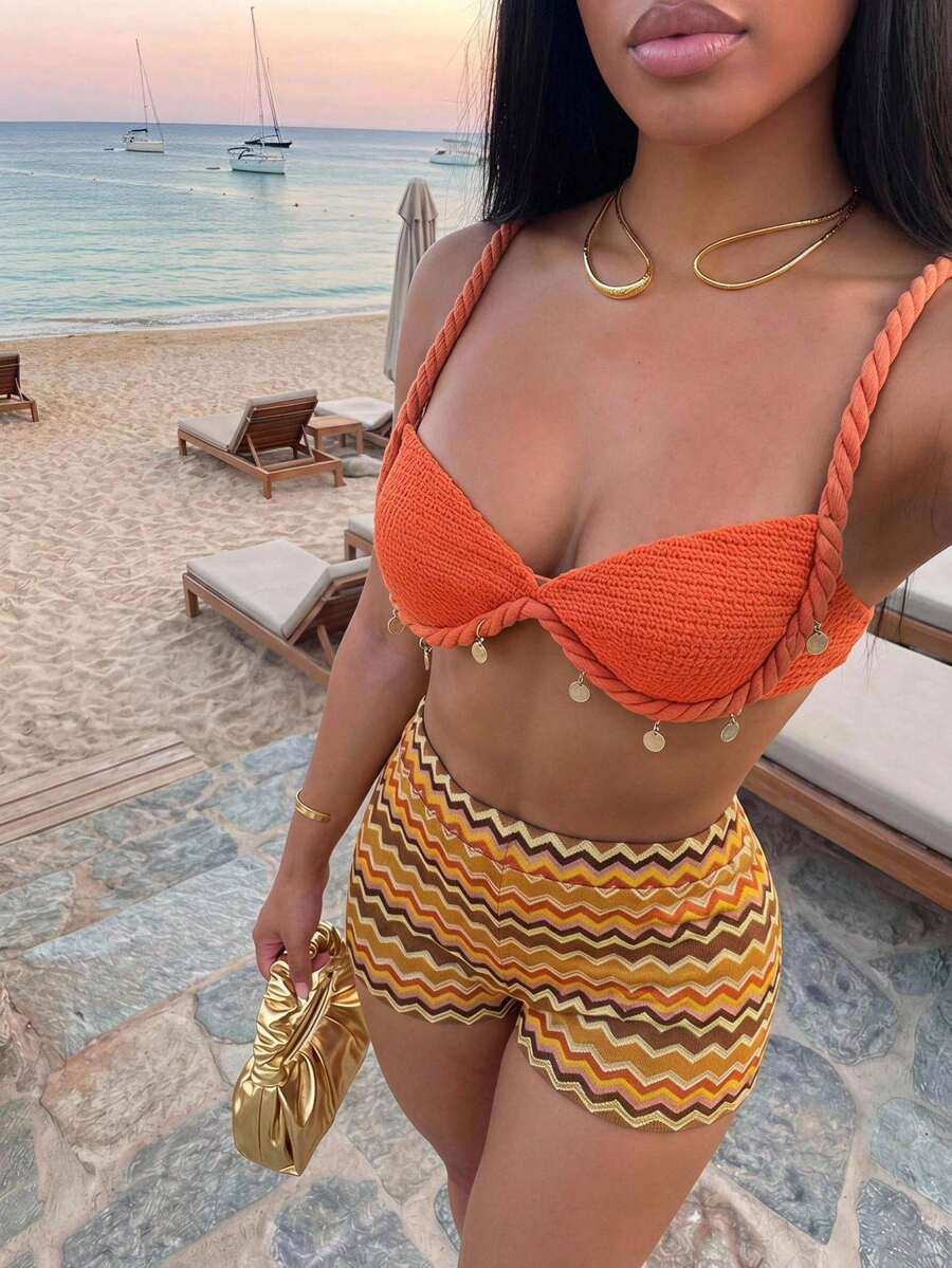 Slaydiva Bikini Top Cup-Shaped Burnt Orange Brown Striped Twisted Shoulder Straps Shell Woven Belts Beach Vacation Holiday Wear Two Pieces Set Summer Sexy