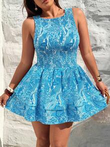 Sunnyshic Summer Red Tone Sweet & Spicy Style Cashew Flower Short Dress, Sleeveless Shirred Waist Double Layer Hem, Bohemian Vacation Dress - Blue - View 6