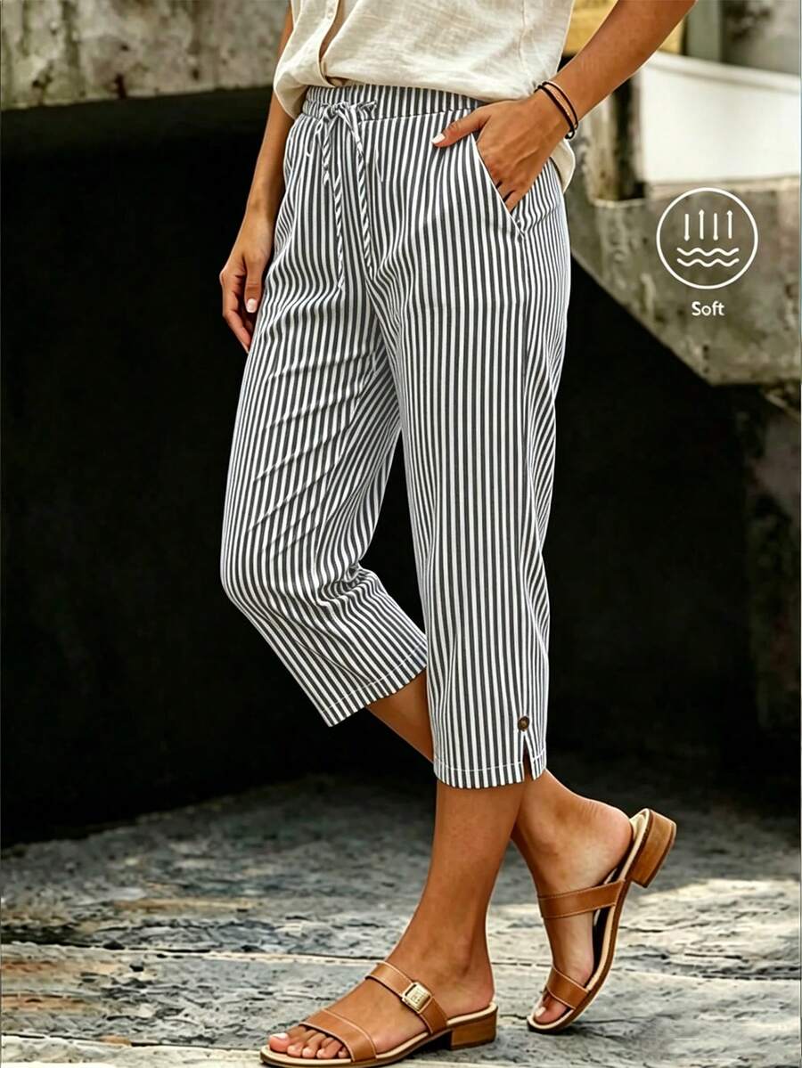 SHEIN Franclia 女款抽繩腰條紋口袋休閒百搭日常旅行長褲 - 黑與白 - 查看 1