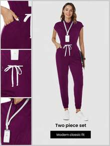 TaskEZ Mono uniforme de enfermería de unicolor con manga corta, bolsillo y cintura con cordón - Morado - Ver 1