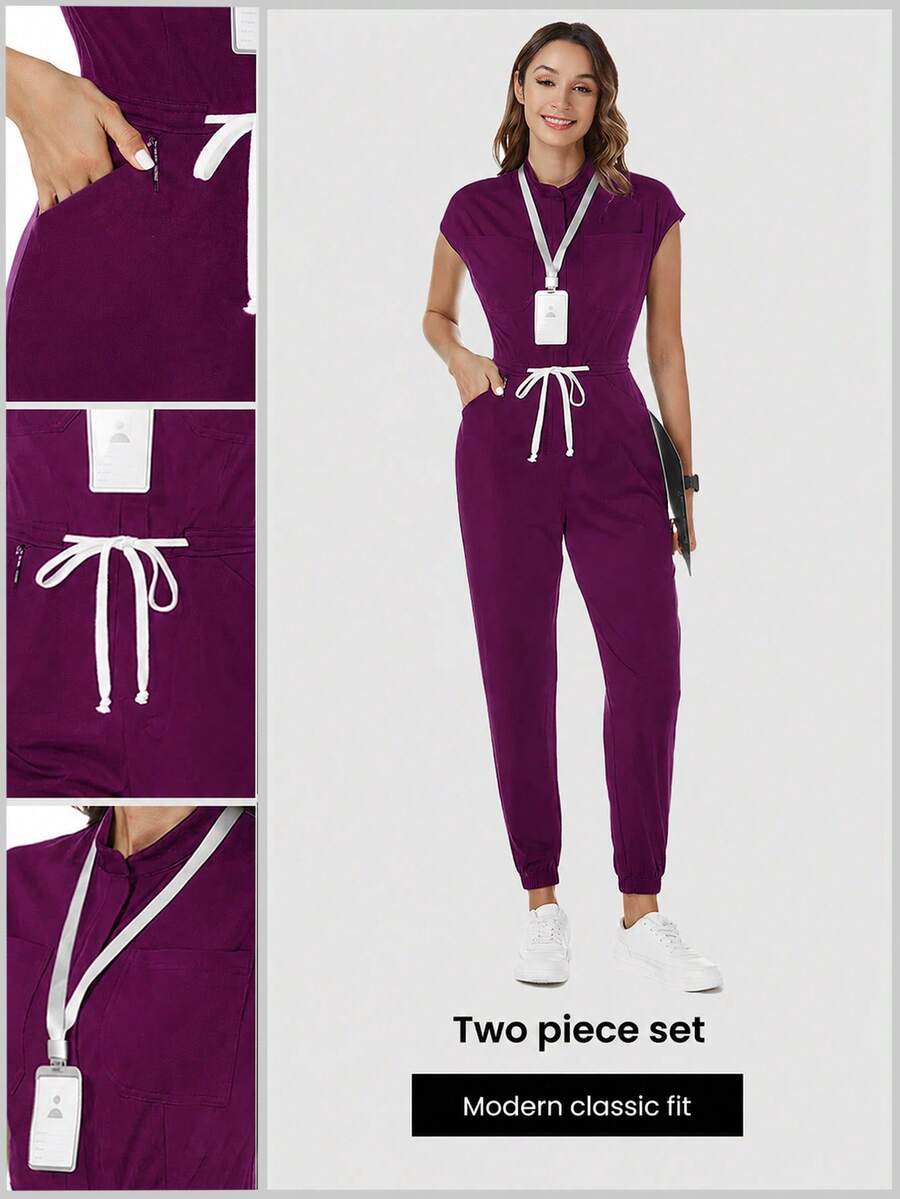 TaskEZ Mono uniforme de enfermería de unicolor con manga corta, bolsillo y cintura con cordón - Morado - Ver 1